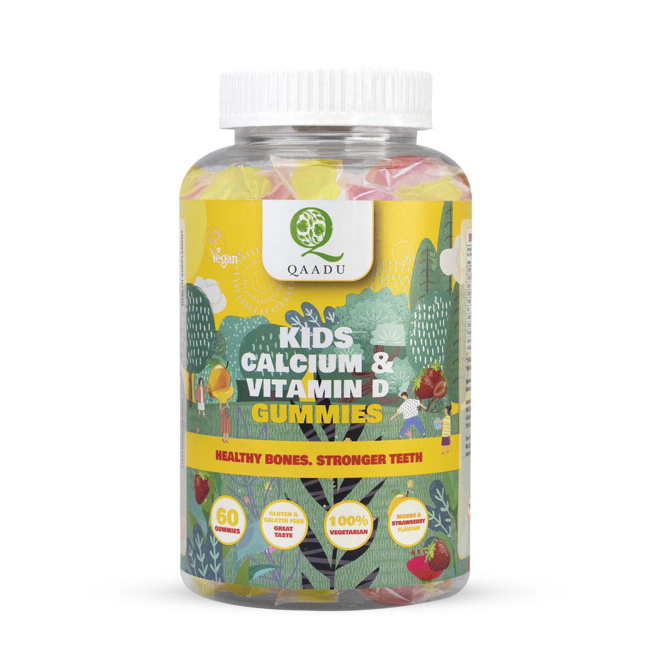 A bottle of Qaadu's Kids Calcium & Vitamin D Gummies. The bottle features a bright yellow label with illustrations of trees, fruits, and children playing. The product is described as vegan, gluten and gelatin-free, 100% vegetarian, and available in mango and strawberry flavors. The text on the bottle emphasizes 