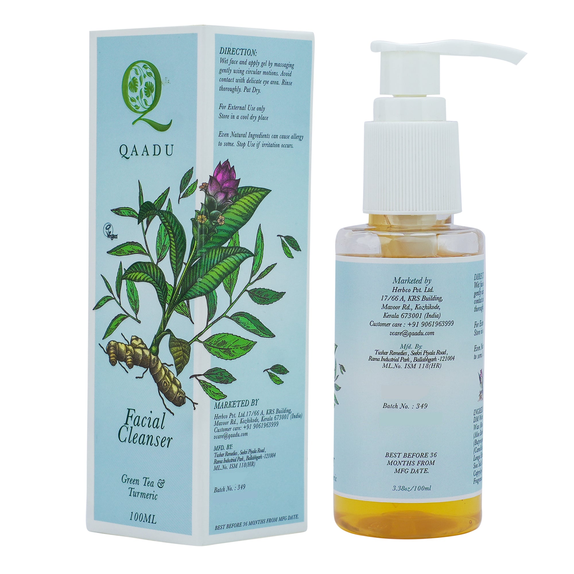 QAADU Facial Cleanser with Green Tea and Turmeric, 100ml, is the perfect solution for dull skin, ageing skin, grimy skin, and uneven complexion. This powerful facial cleanser is formulated to revitalize and rejuvenate your skin, leaving it refreshed and glowing. Ideal for all skin types, the QAADU Facial Cleanser combines the natural goodness of green tea and turmeric to deeply cleanse, detoxify, and brighten your skin.