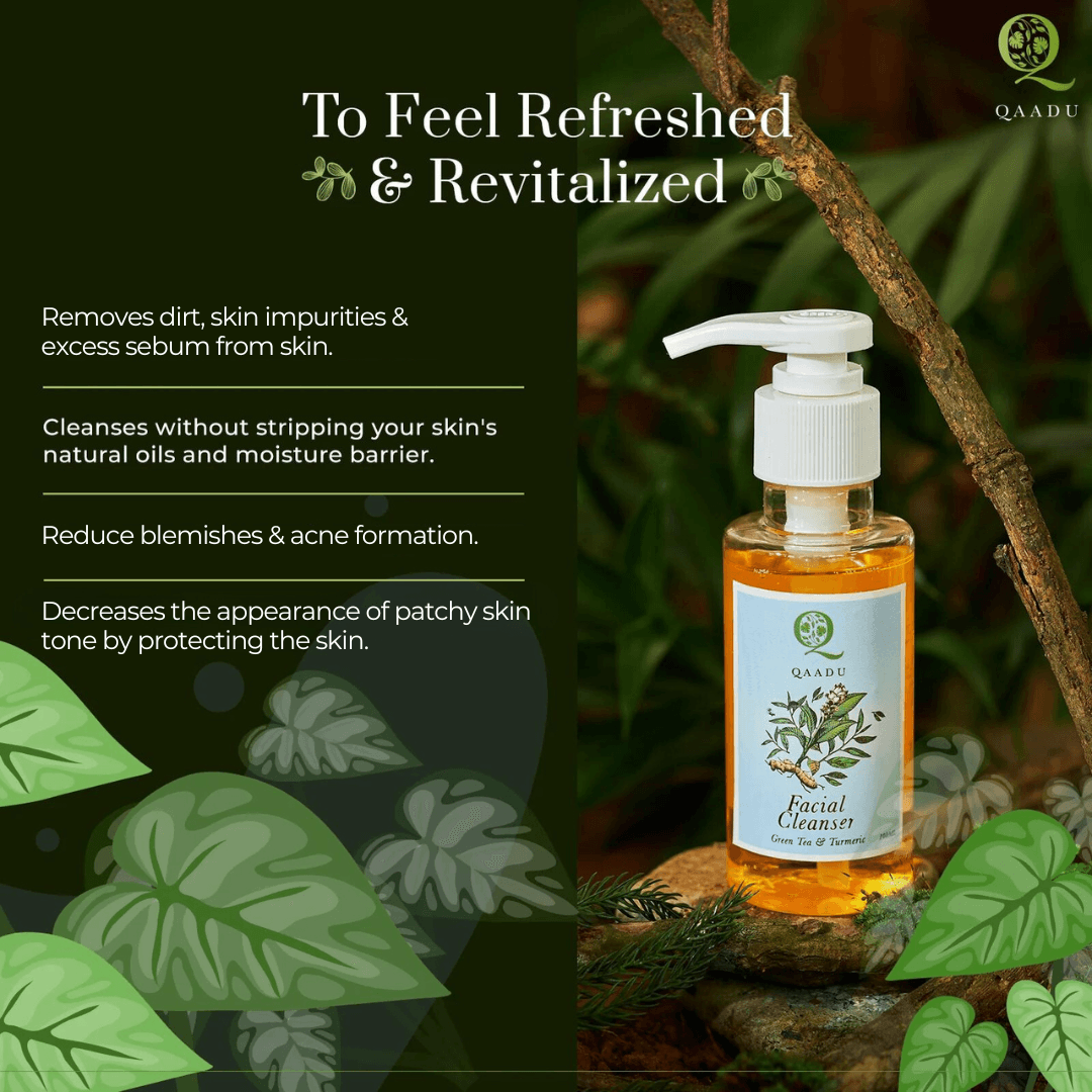 Experience the benefits of green tea, known for its antioxidant properties that fight signs of ageing and free radicals, and turmeric, renowned for its anti-inflammatory and skin-brightening effects. Perfect for daily use, this facial cleanser will help you achieve a clearer, smoother, and more radiant complexion. Get rid of impurities, excess oil, and environmental pollutants with QAADU Facial Cleanser, your go-to skincare essential for maintaining healthy, youthful, and luminous skin.