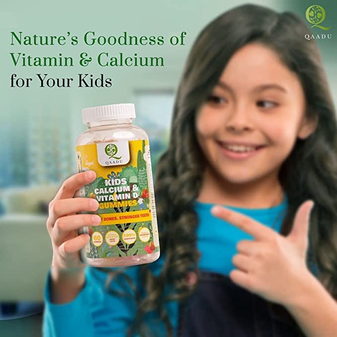 Promotional image for Qaadu Kids Calcium & Vitamin D Gummies. The image highlights the benefits of the gummies, emphasizing that they are safe and natural for kids, help boost immunity, and improve bone health. 