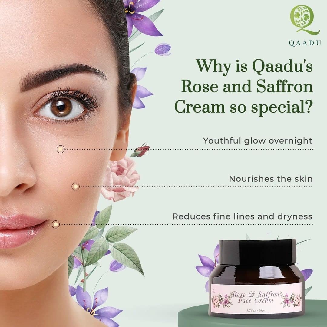 A promotional image for Qaadu's Rose and Saffron Face Cream. The background features a close-up of a woman's face with flowers surrounding her. The text reads:  