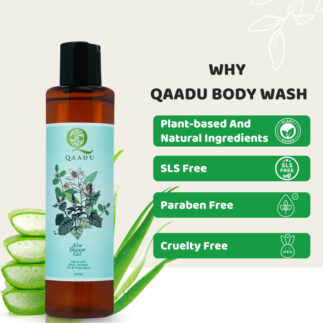 The image explains why to choose Qaadu Body Wash, listing its benefits:  Plant-based and natural ingredients SLS free Paraben free Cruelty free