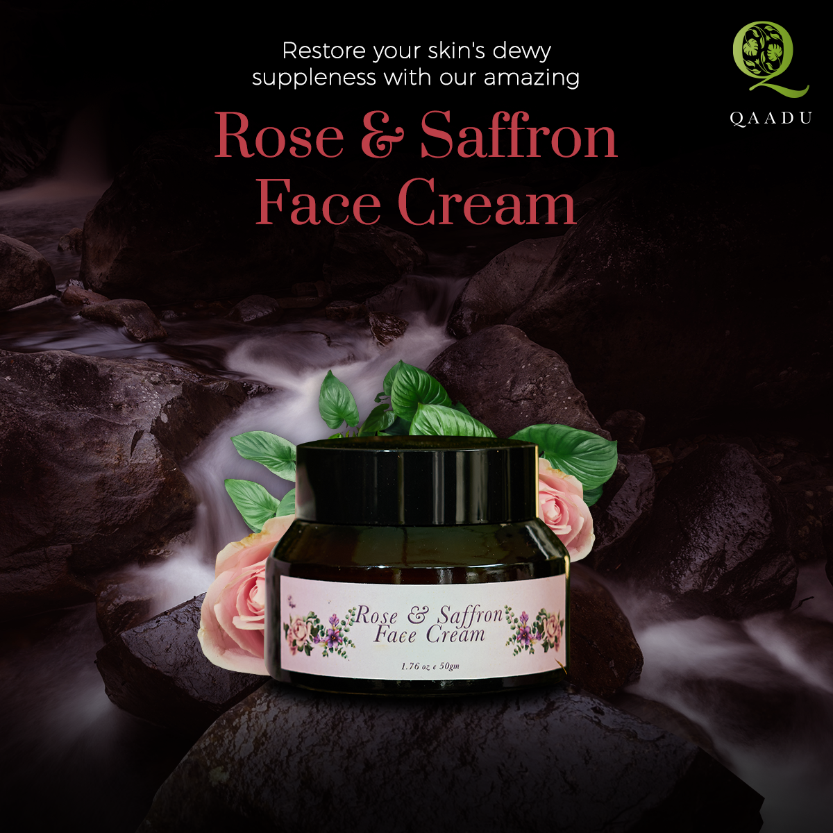 A promotional image for Qaadu's Rose & Saffron Face Cream. The background features a dark, serene waterfall and rocks, creating a calm and natural ambiance. The product, a small jar labeled 