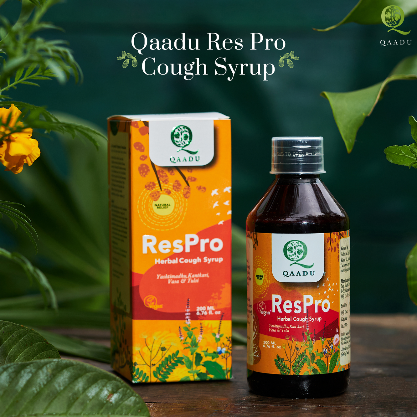 Combat every type of cough with Qaadu ResPro Cough Syrup. Can be used for wet and dry cough and to strengthen the respiratory organs. The blend of herbs and roots helps to treat respiratory tract infection and soothe bronchial asthma. It is an expectorant with mucolytic properties that relieve congestion in the chest and clear out the lungs. It thins mucus build up in nose and throat and makes it easy to cough it out. Can be used to treat bronchial infection, rhinitis, cough and chest congestion. 