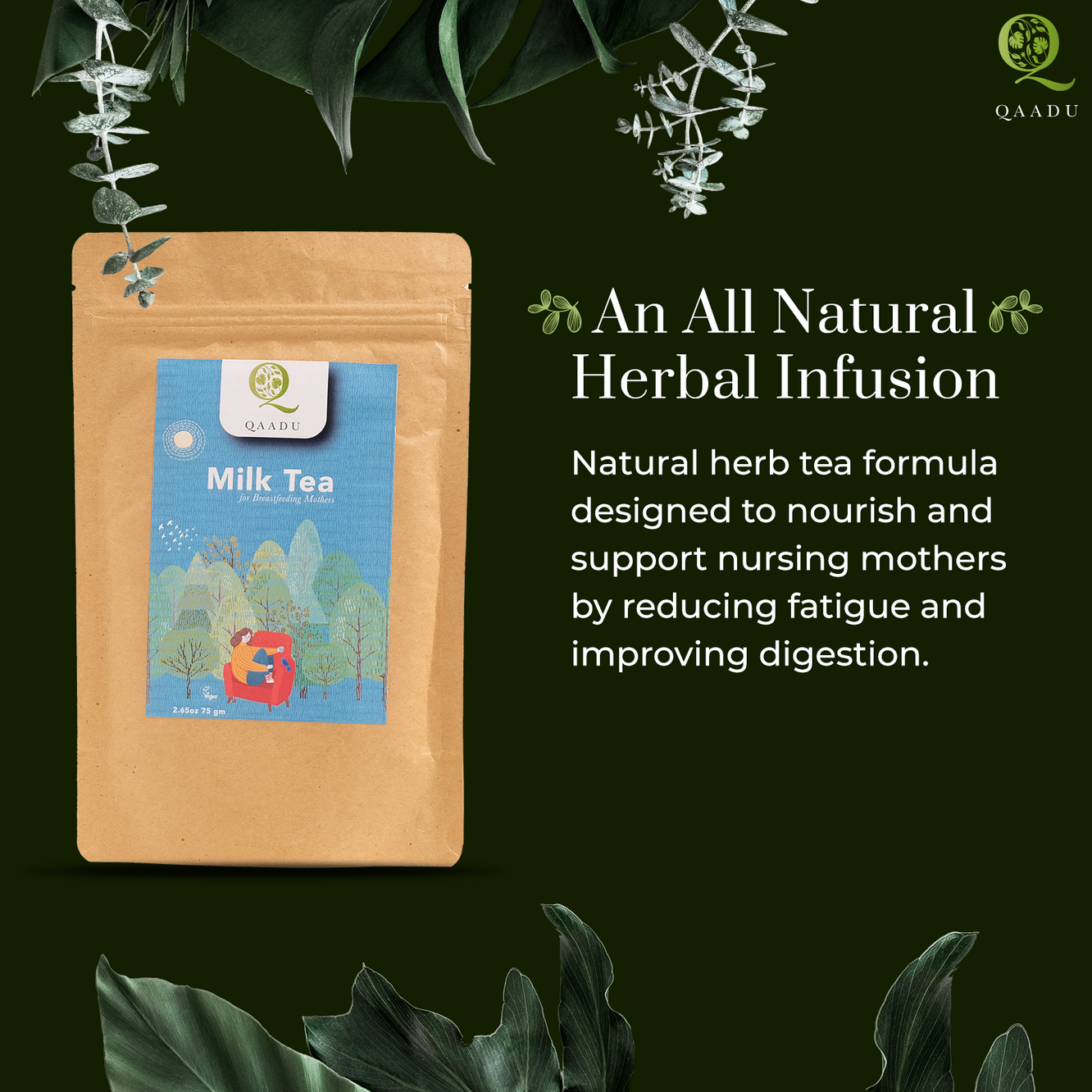 An All Natural Herbal Infusion. Natural herb tea formula designed to nourish and support nursing mothers by reducing fatigue and improving digestion. Image shows a package of Qaadu Milk Tea on a green background with various leafy plants.