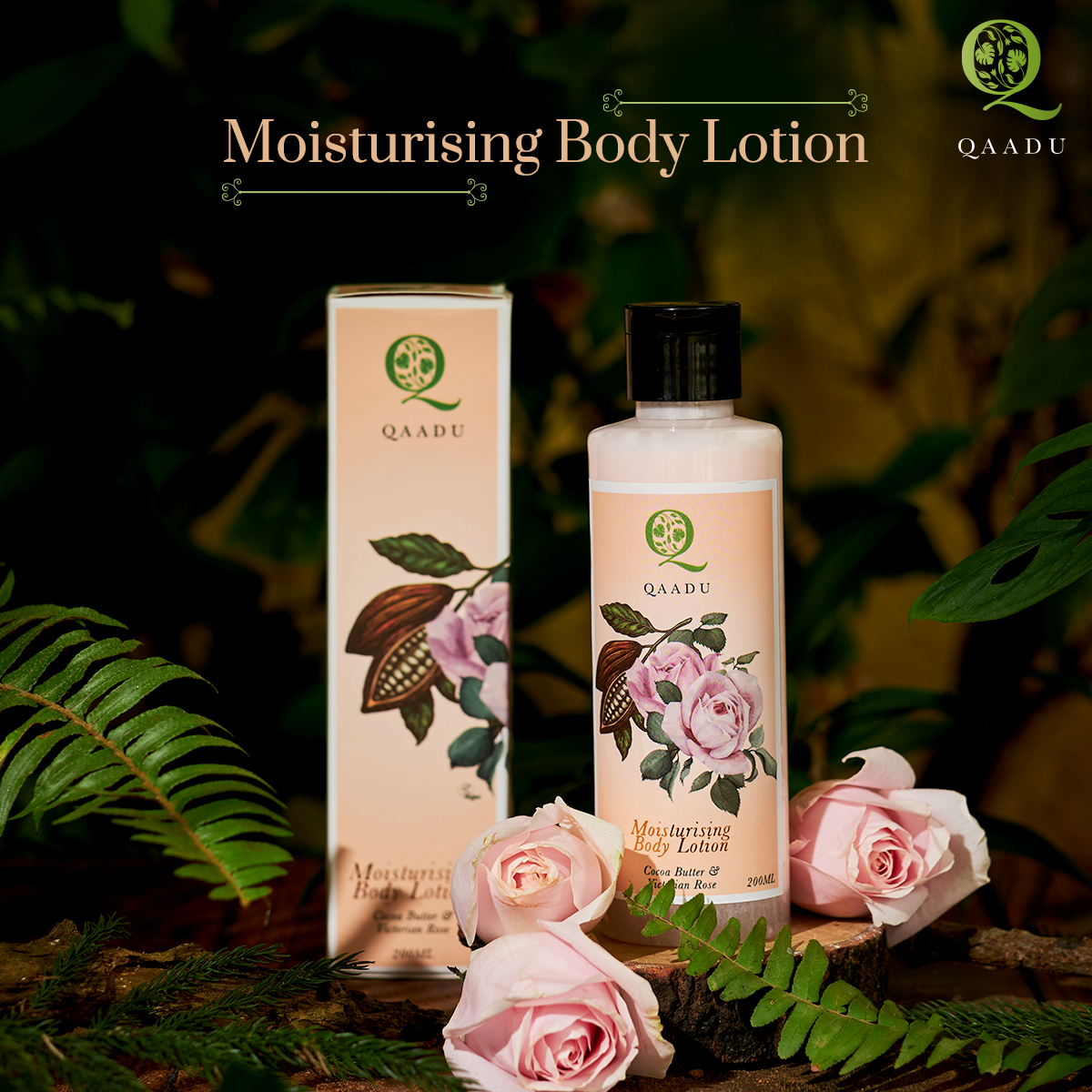 QAADU MOISTURIZING BODY LOTION  Cocoa Butter & Victorian Rose 200 ml  For: Ideal for dull, uneven and rough skin. Suits every skin type