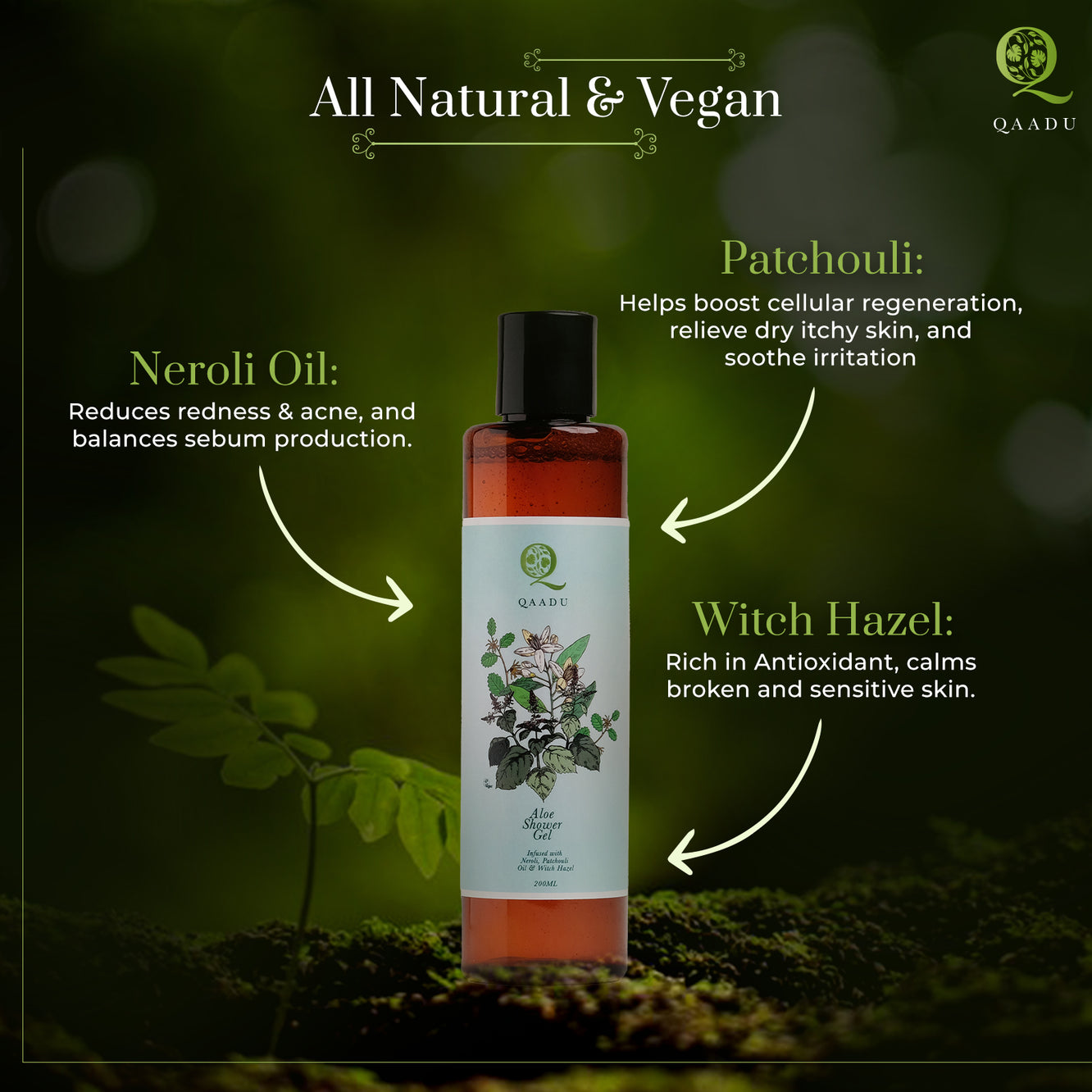 The image promotes Qaadu Aloe Shower Gel, highlighting its natural and vegan qualities. It describes the benefits of key ingredients:  Neroli Oil: Reduces redness and acne, balances sebum production. Patchouli: Helps boost cellular regeneration, relieves dry itchy skin, and soothes irritation. Witch Hazel: Rich in antioxidants, calms broken and sensitive skin.