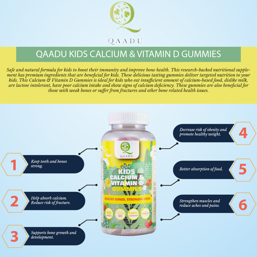 Promotional image for Qaadu Kids Calcium & Vitamin D Gummies. The bottle features the label 